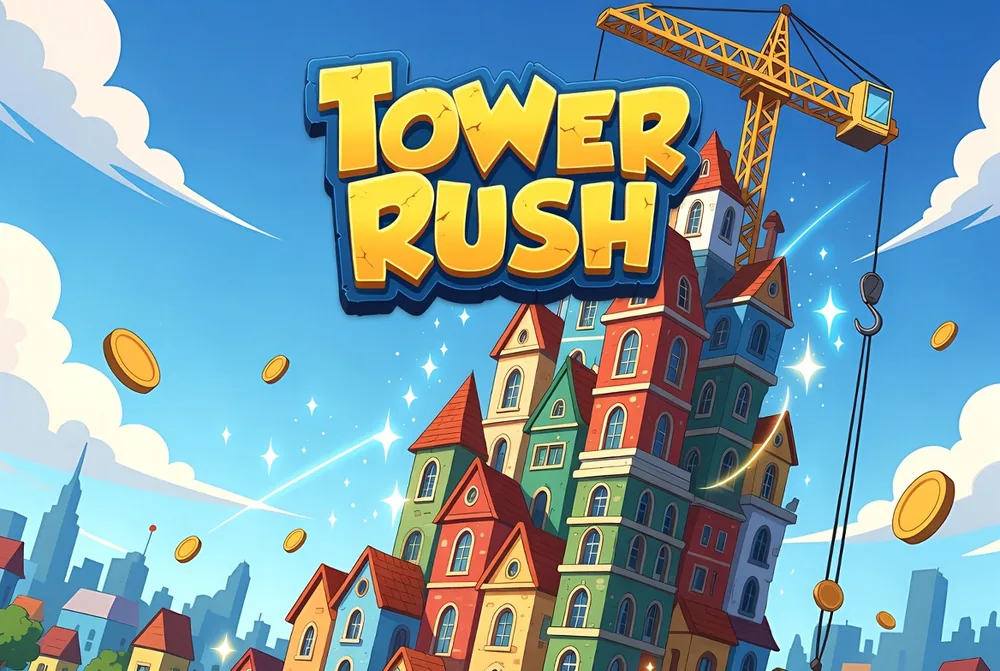 Tower Rush game skyline with the crane stacking a tower of floors
